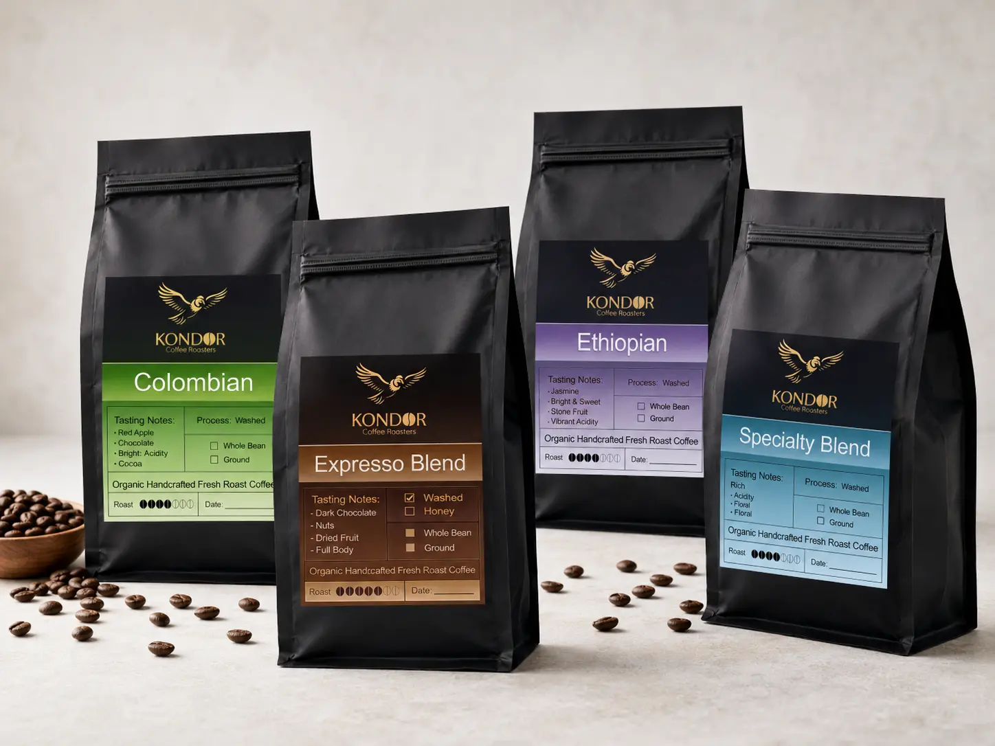 Lineup of Kondor coffee bags