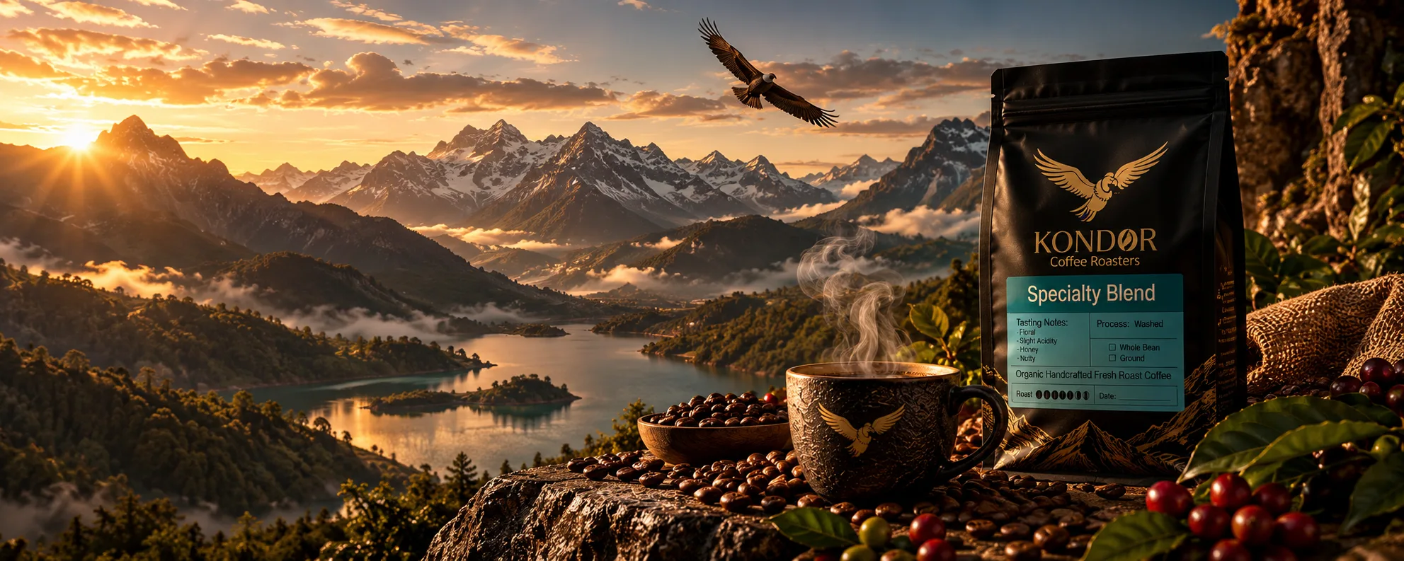 Kondor Specialty Blend coffee and a steaming cup at sunrise over the Andes
